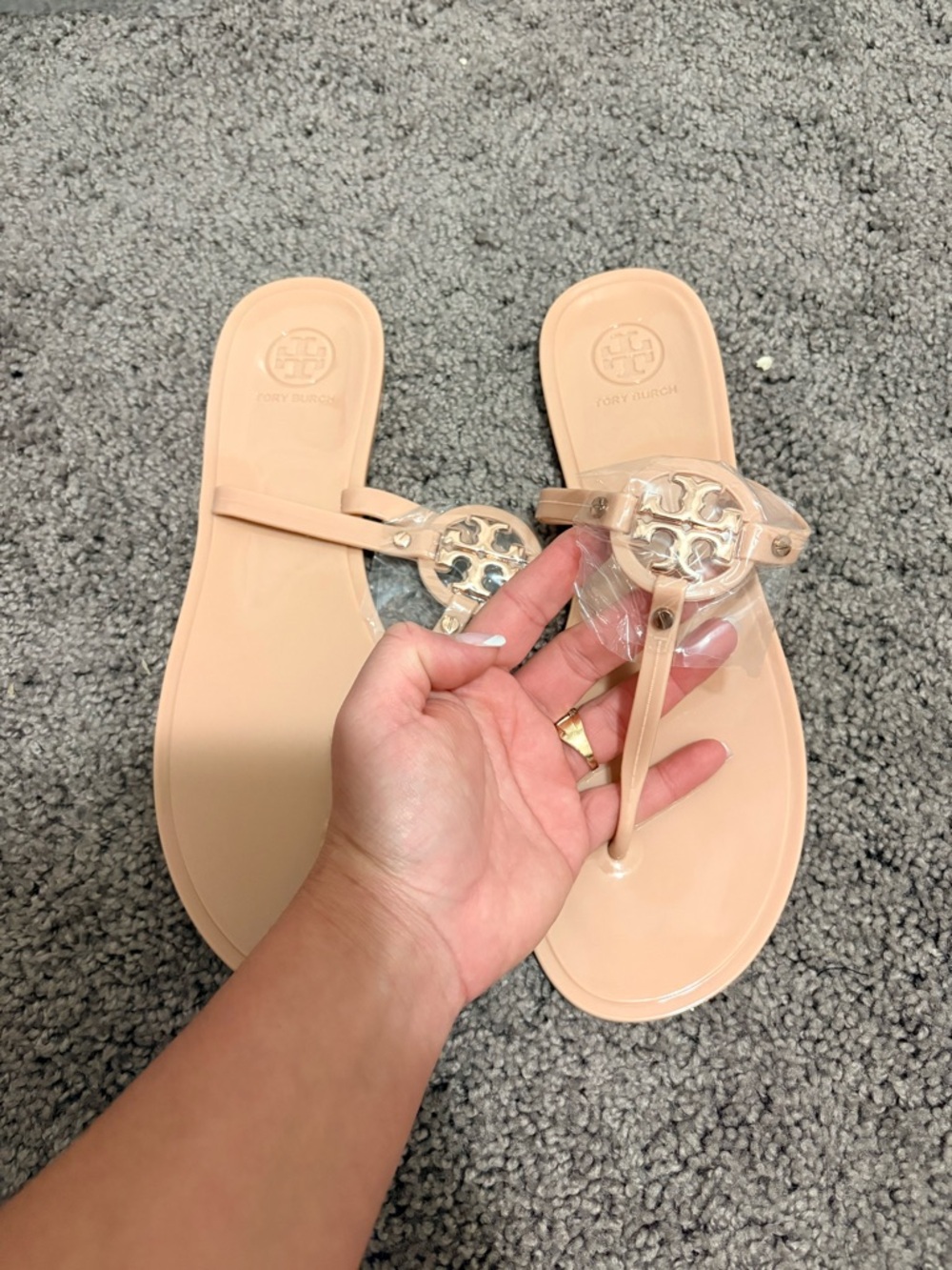 Tory Burch Nude Beige Logo Jelly Thong Sandals